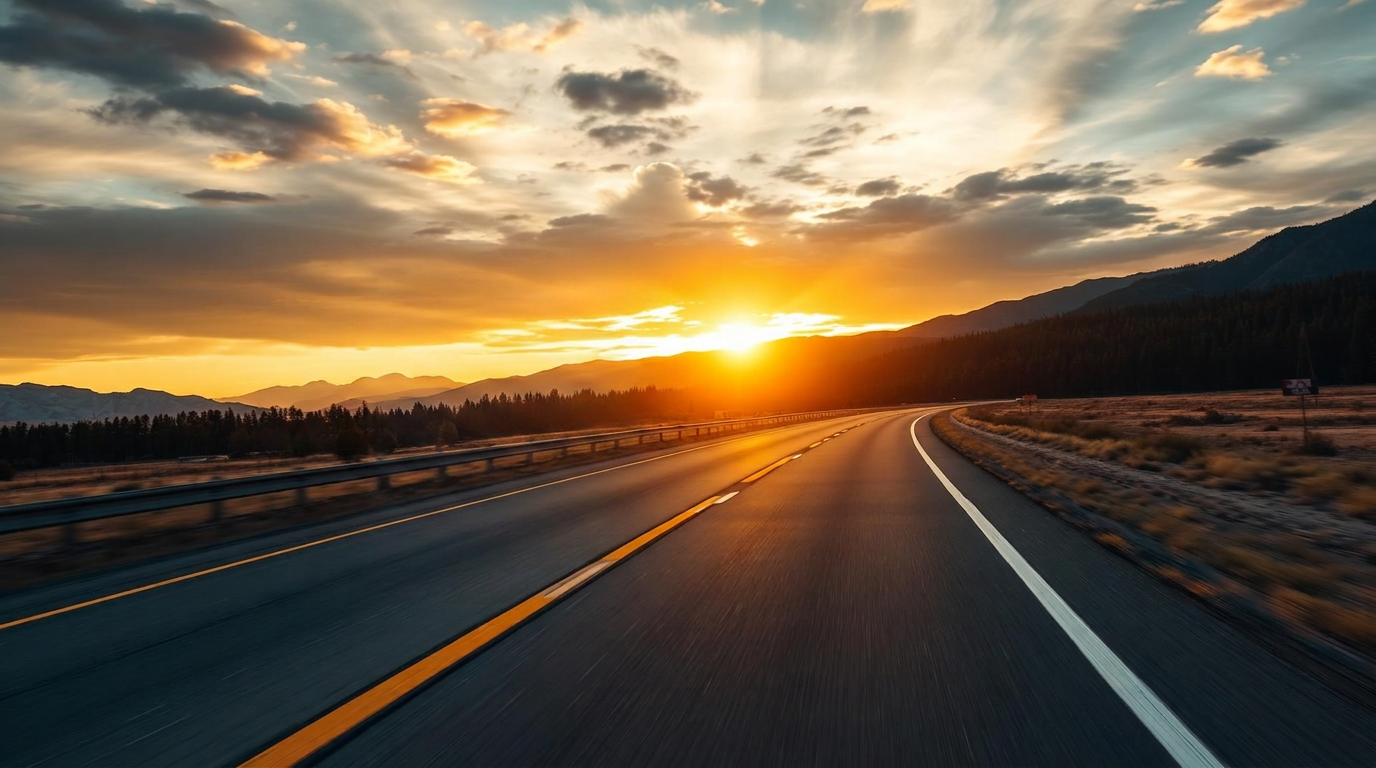 Semi truck driving at golden hour